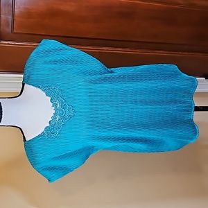 VINTAGE JOANNA TOP CAPPED SLEEVES GREEN AQUA LP PETITE EMBROIDERY TURQUOISE